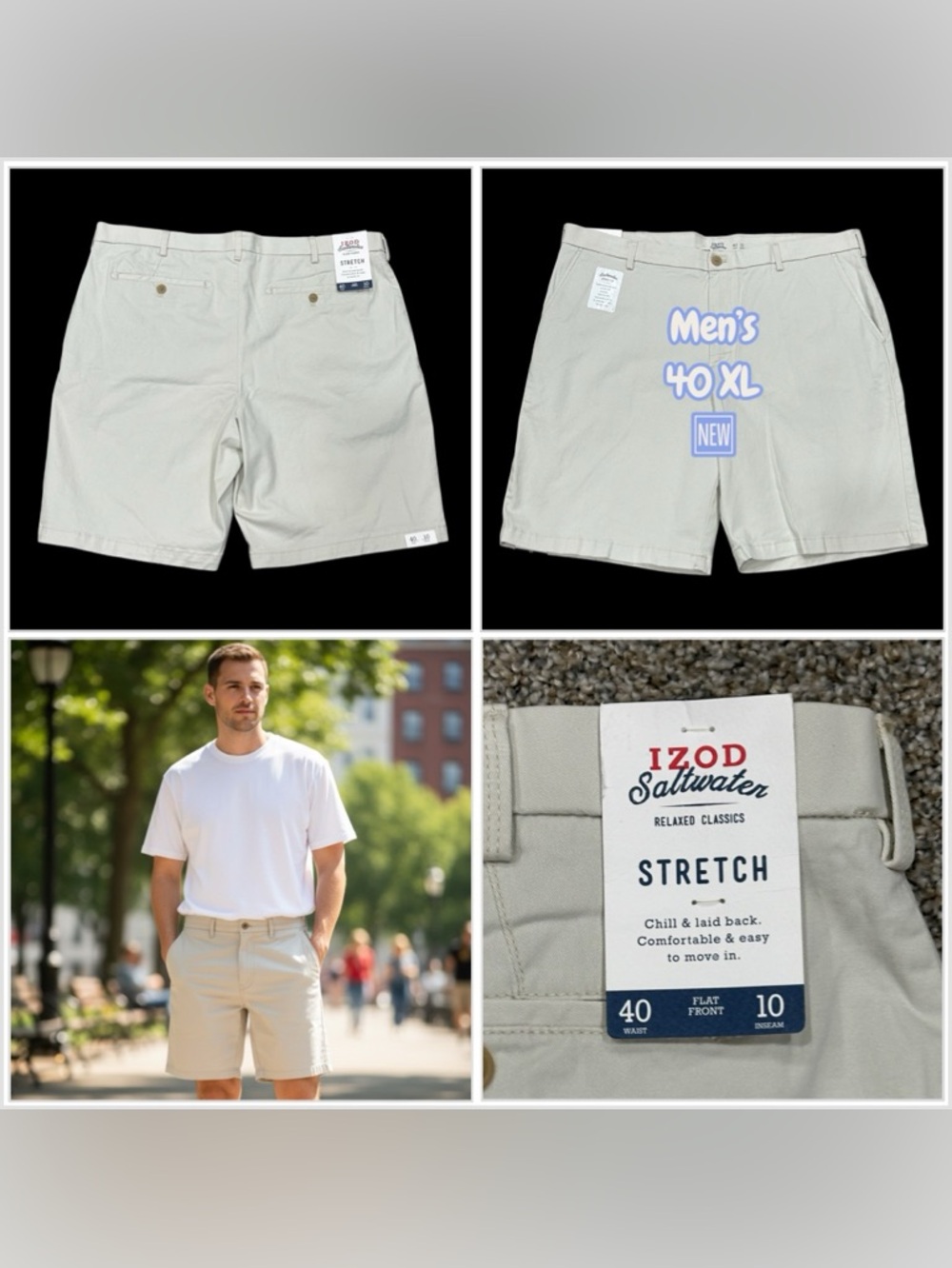 Men's IZOD Saltwater 40 XL Relaxed Chino Khakis Short Cream 10” inseam Stretch